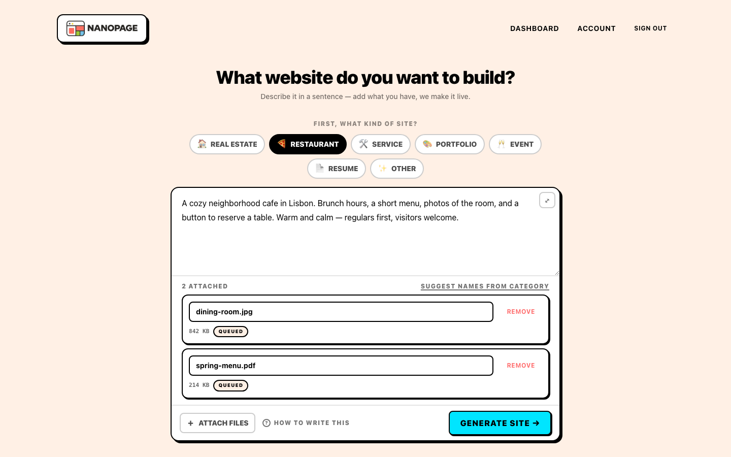 Nanopage new site form with the restaurant type selected, a one-sentence description of a Lisbon cafe, two attached files, and a generate site button.