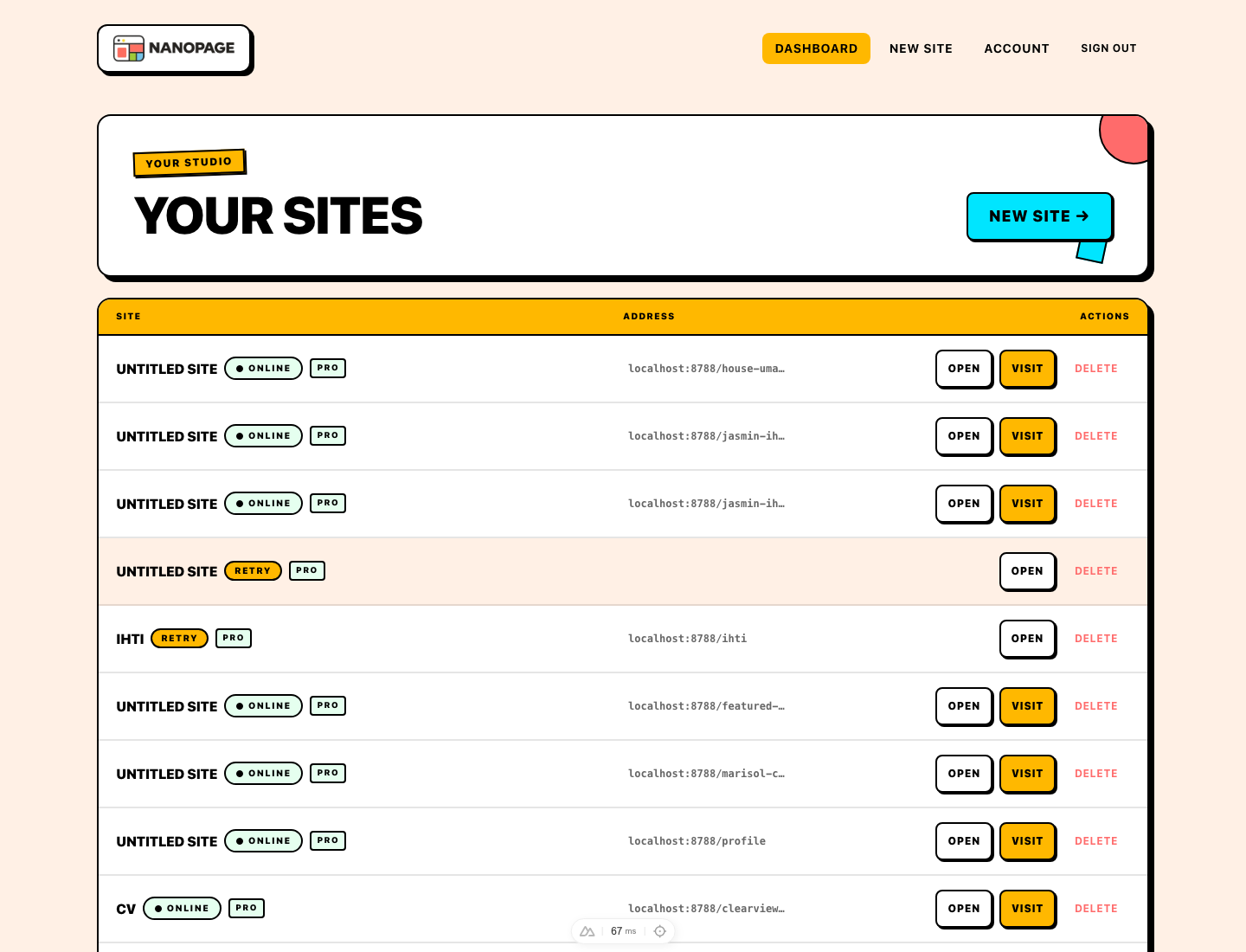 Nanopage dashboard showing your sites with online status, addresses, open, visit, and analytics buttons, and delete actions.