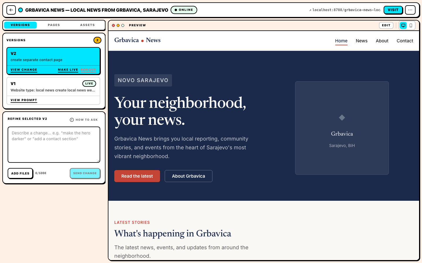 Nanopage site editor showing a client website preview