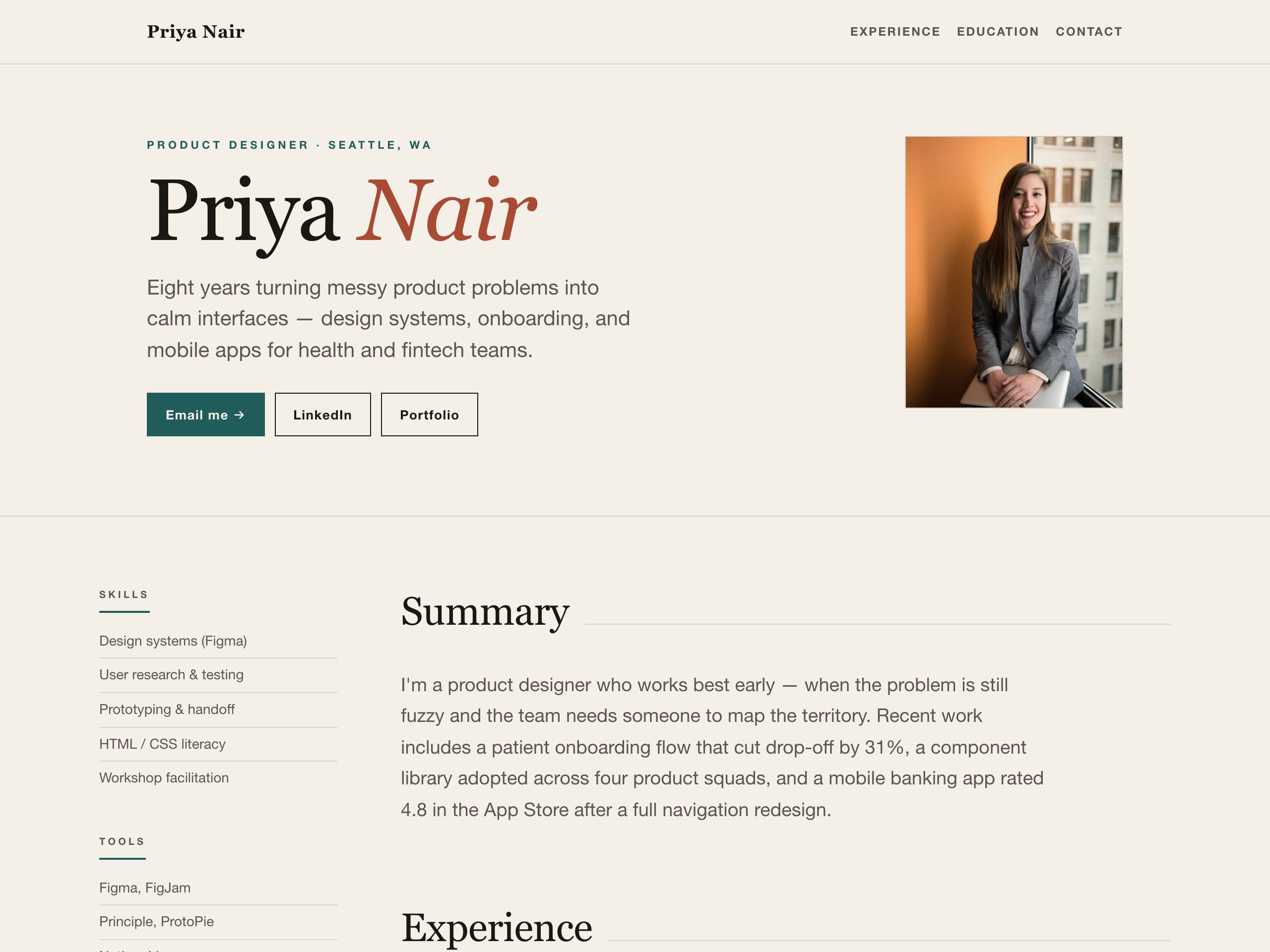 Priya Nair — built with Nanopage